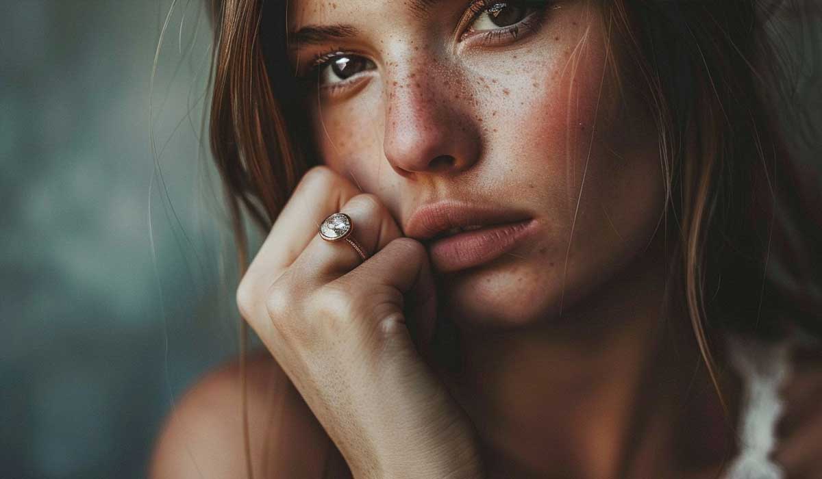A woman with freckles rests her chin on her hand, showing a clear gemstone ring. She has long brown hair and a thoughtful expression.