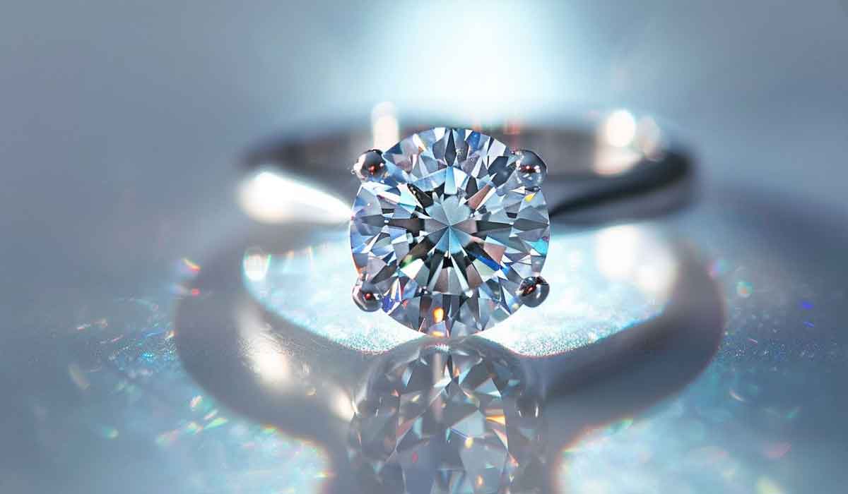 A close-up of a diamond solitaire ring on a reflective surface, with the gemstone and metal band catching the light.