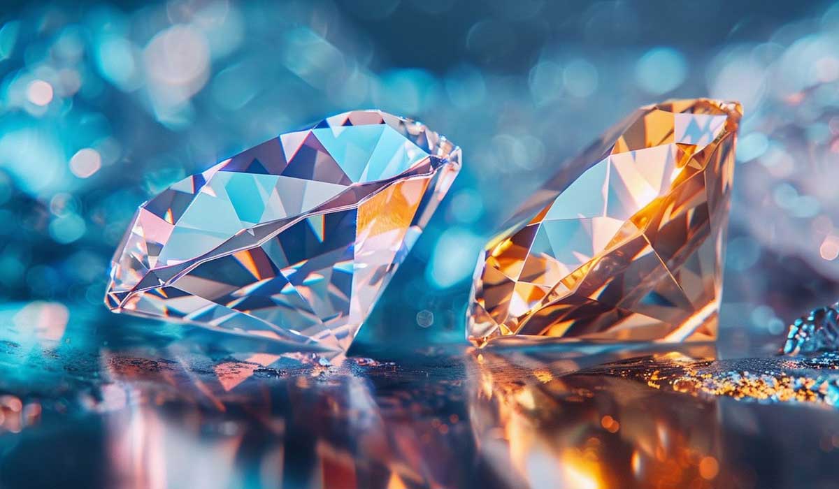 Two faceted gemstones, one clear and one light orange, rest on a reflective surface with a blurred, colorful background.