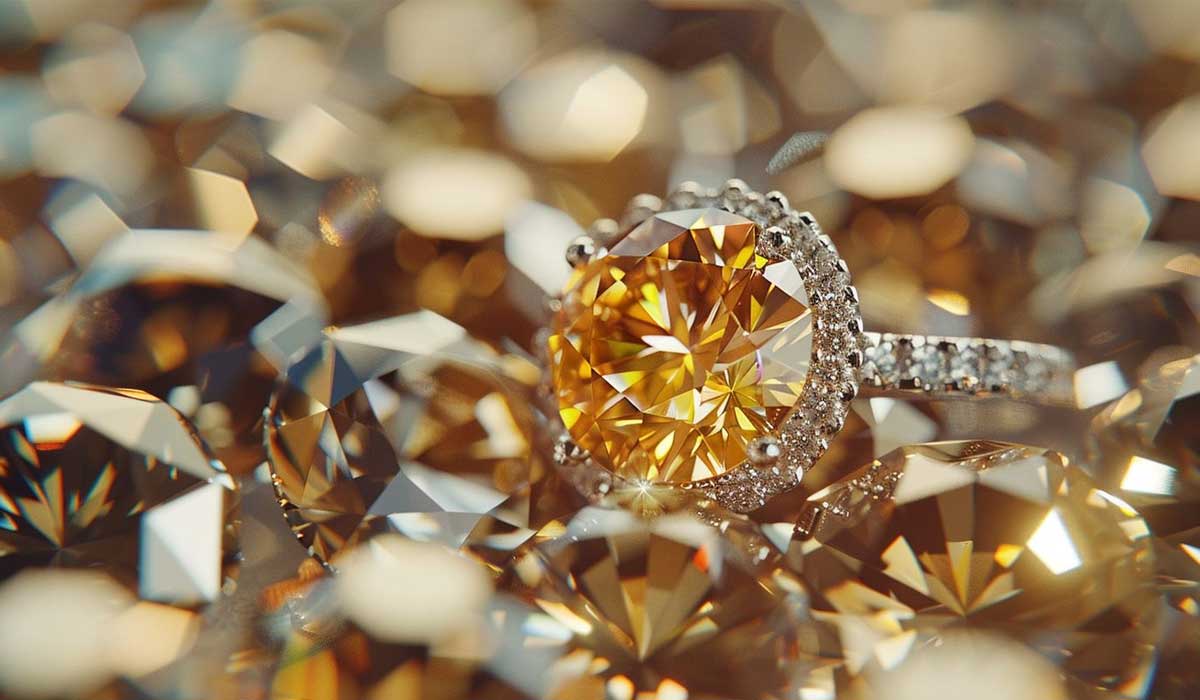 A close-up of a gold diamond ring surrounded by several sparkling gold gemstones.