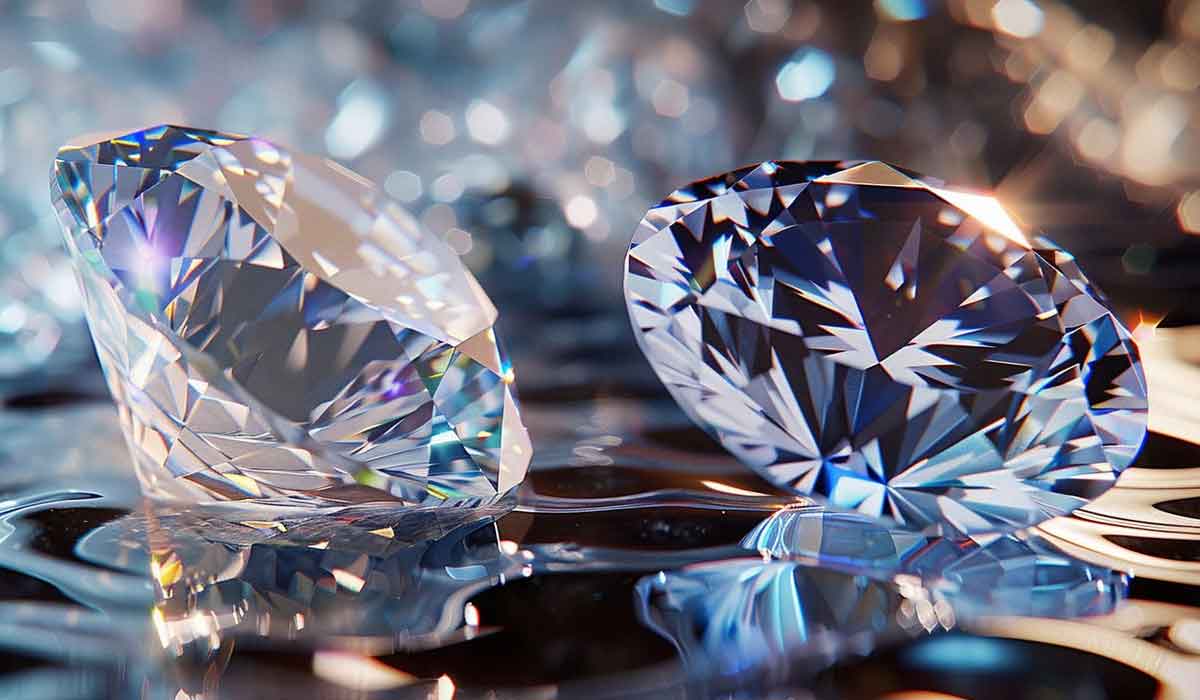 Two cut diamonds rest on a reflective surface, surrounded by soft, blurred reflections and highlights in the background.
