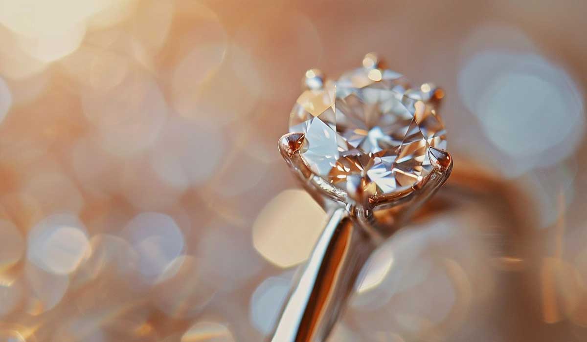 Close-up of a diamond engagement ring with a round-cut diamond set in a prong setting, against a softly blurred, sparkling background.