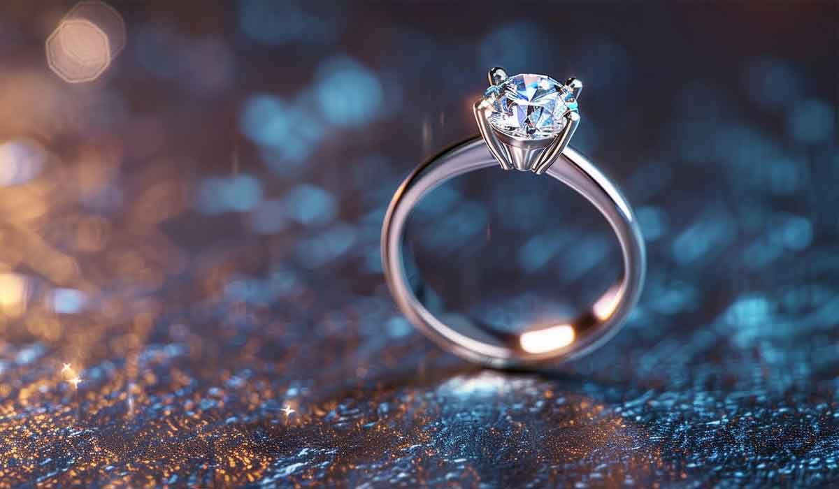 A silver engagement ring with a large round diamond is displayed upright on a glittery surface with a blurred, colorful background.