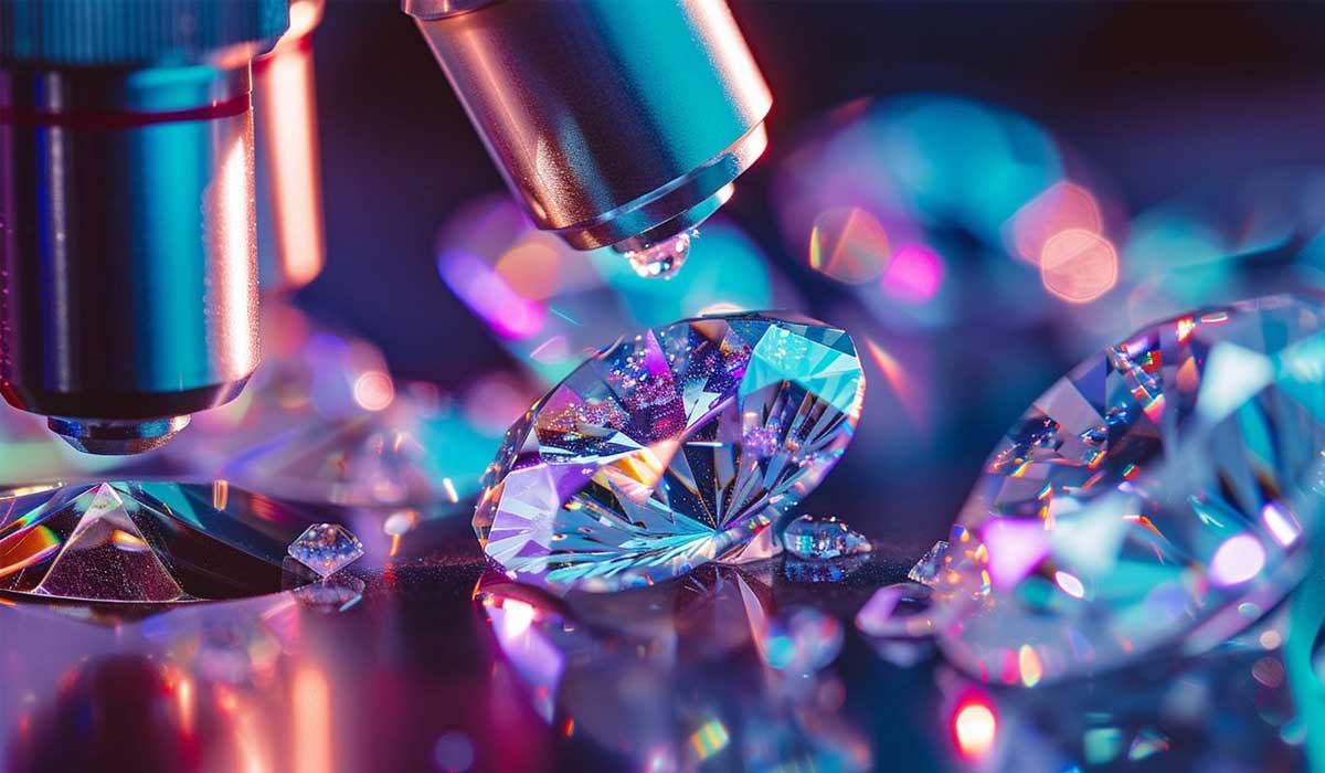 Close-up of a microscope examining sparkling diamonds on a reflective surface under colorful, vibrant lighting.