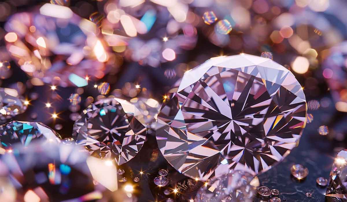 Several faceted diamonds of various sizes are shown close up, reflecting light and displaying colorful sparkles against a dark, blurred background.