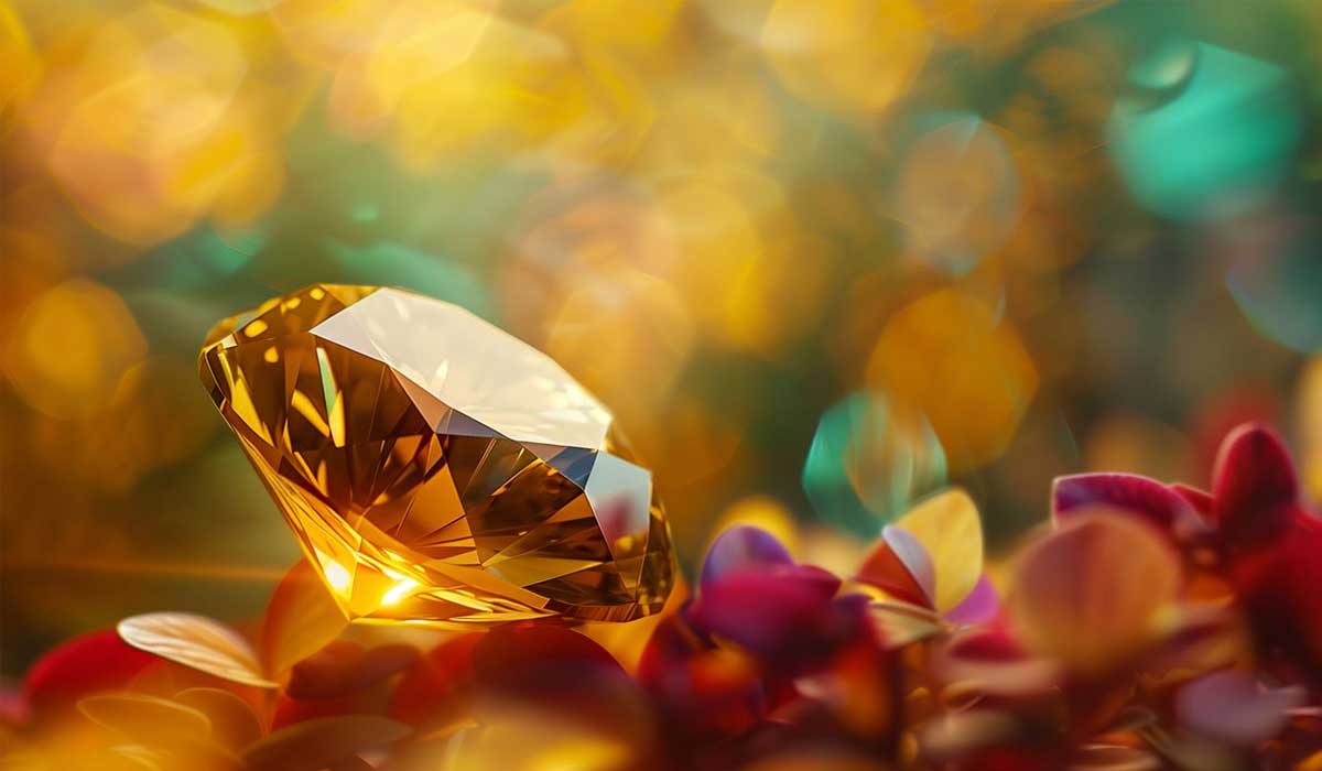 A faceted yellow gemstone rests among red leaves, reflecting light with a golden bokeh background.