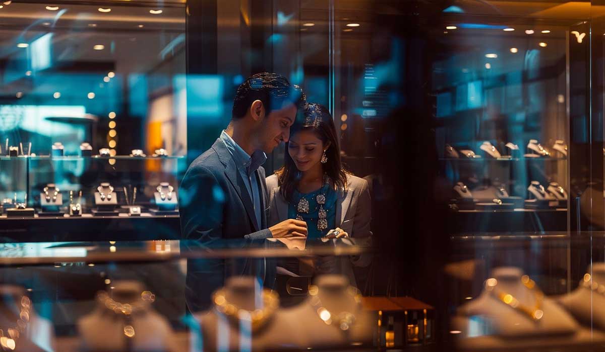 A couple stands closely together inside a jewelry store, looking at a piece of jewelry under display lights, with necklaces and rings visible in glass cases.