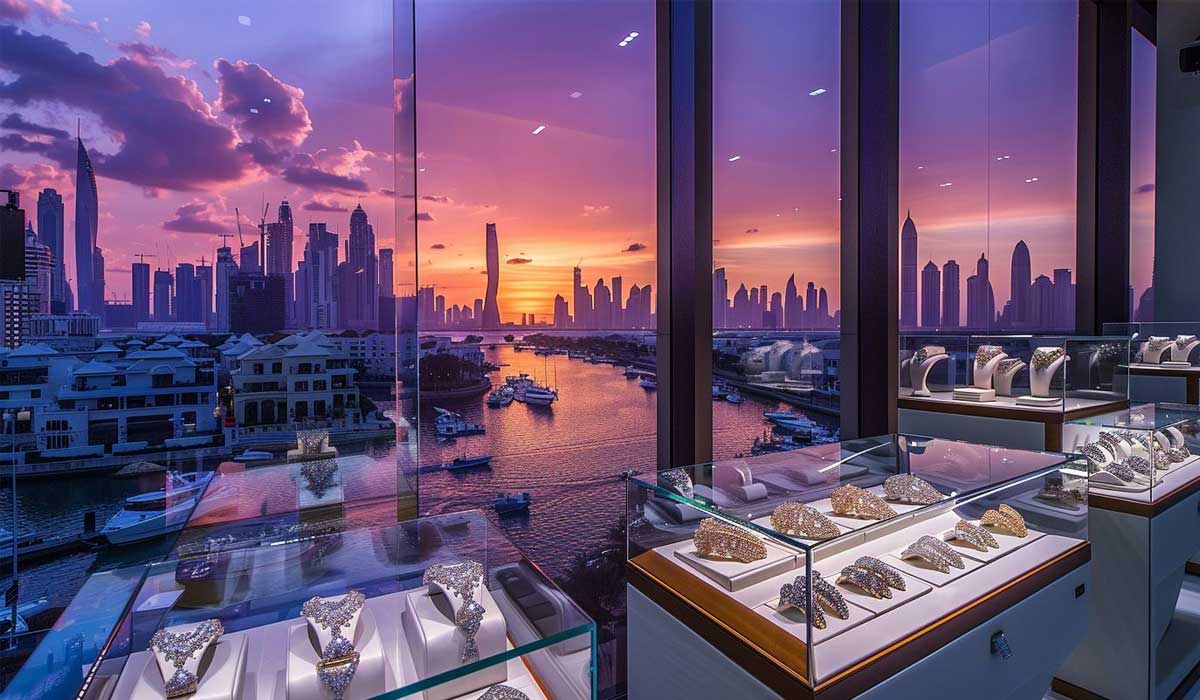 Display cases with jewelry in front of large windows overlook a marina and a city skyline at sunset, with skyscrapers silhouetted against a colorful sky.
