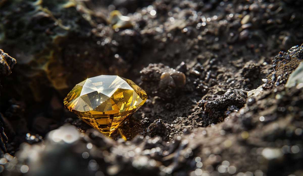 A faceted yellow gemstone rests on dark, rocky soil, reflecting sunlight.