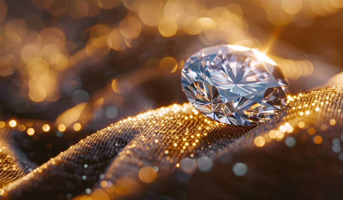 A cut diamond rests on a glittering fabric surface, reflecting light with a sparkling effect in a warm, golden setting.