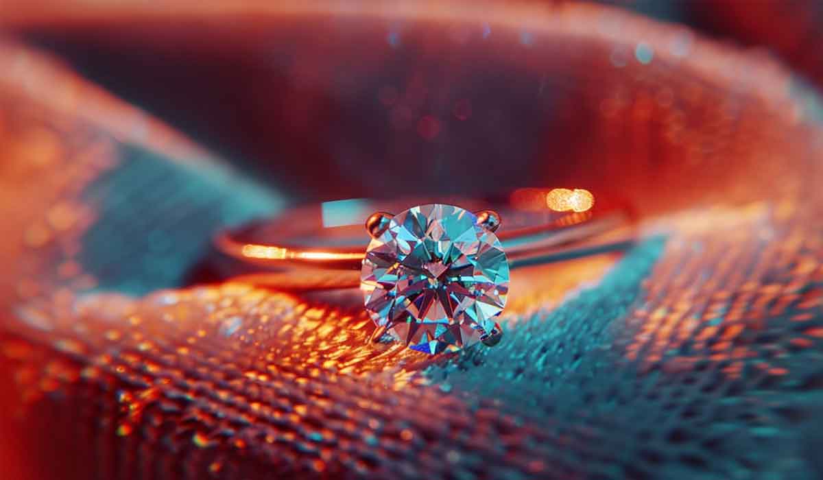 A close-up of a diamond solitaire ring resting on a textured fabric surface with warm and cool lighting.