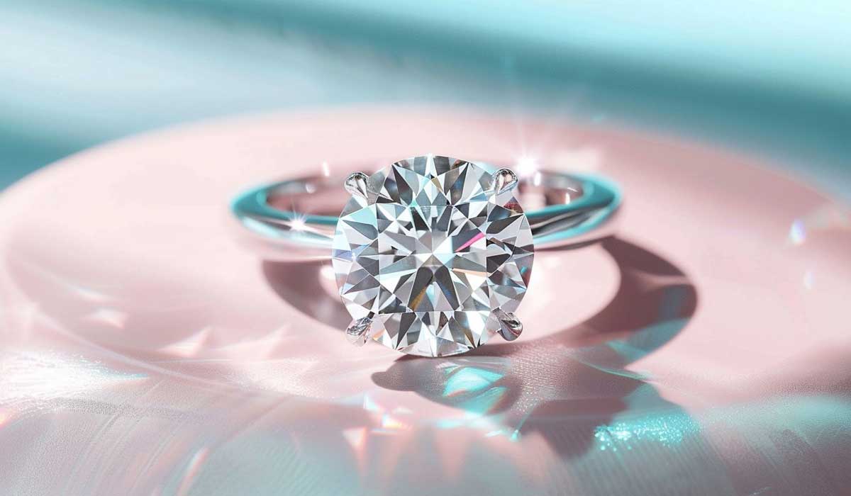 A close-up of a silver ring with a large round-cut diamond displayed on a pink and blue surface, sparkling in bright light.