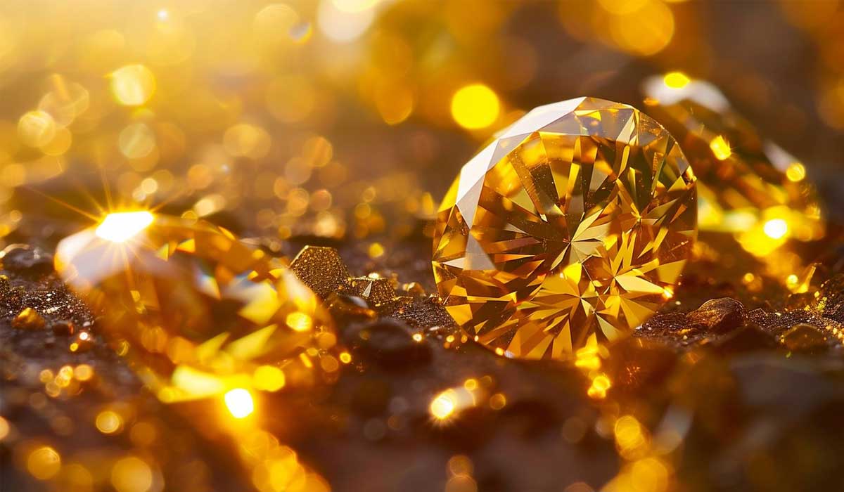 Close-up of a large, faceted yellow gemstone surrounded by smaller yellow gems and golden light reflections.