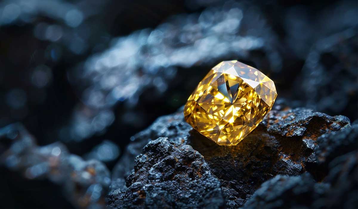 A large, faceted yellow diamond rests on a cluster of dark, rough rocks.