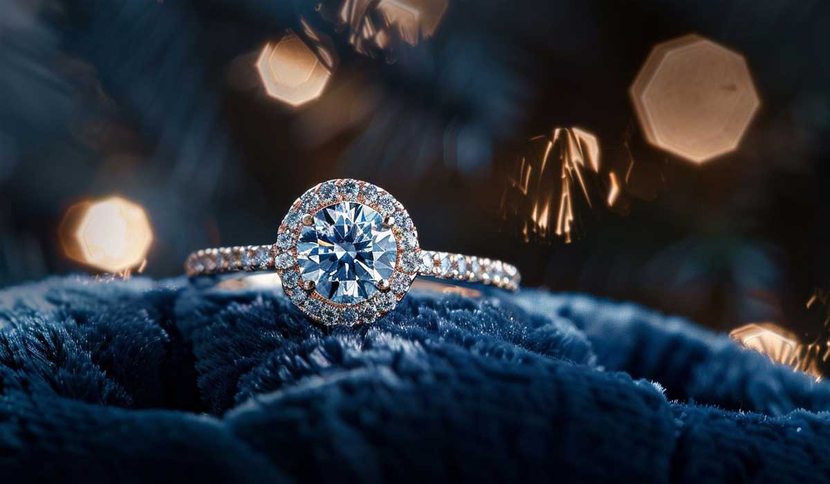A diamond engagement ring with a halo setting rests on a blue velvet surface, with blurred lights in the background.