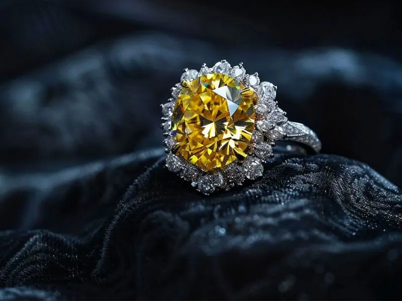 A large yellow diamond ring with a halo of smaller diamonds on a silver band, displayed against a dark textured background.