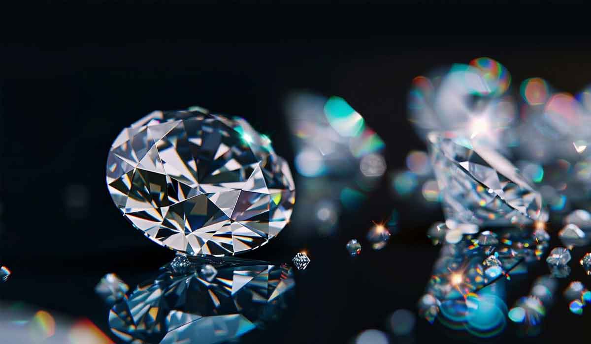 Close-up of several cut diamonds on a reflective black surface, with light creating colorful reflections and bokeh effects in the background.