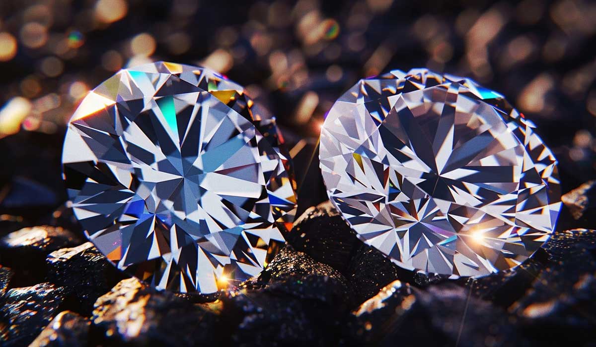 Two round brilliant-cut diamonds are placed next to each other on a dark, textured surface, reflecting light and creating colorful highlights.