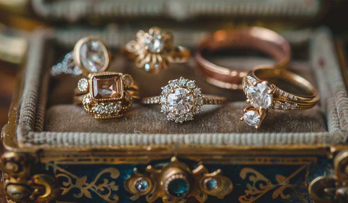 A collection of ornate gold rings with various diamonds and gemstones displayed on a decorative jewelry box.