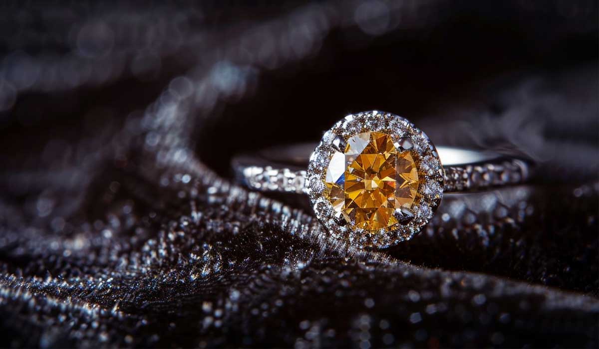 A close-up of a ring with a large yellow gemstone at the center, surrounded by smaller clear stones, resting on a dark, textured fabric.