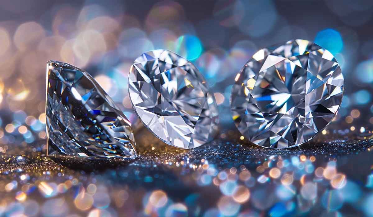Three round-cut diamonds are displayed on a glittery, colorful surface with blurred bokeh lights in the background.