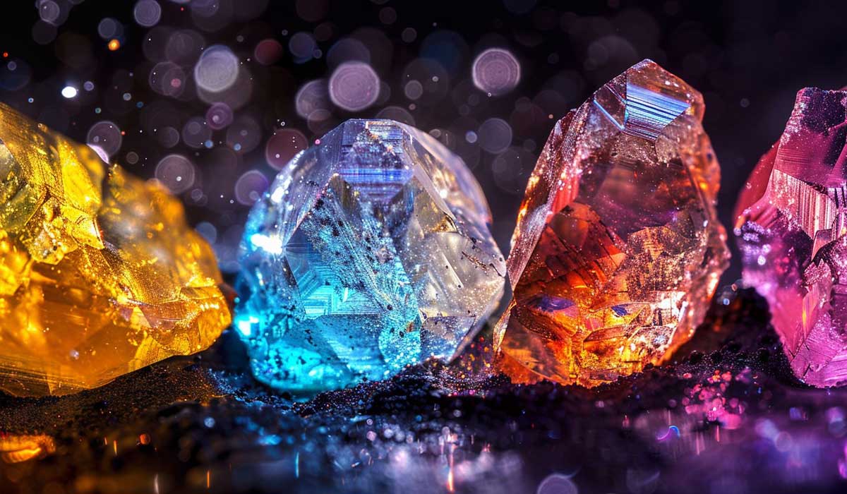 Four colorful crystals—yellow, blue, clear, and reddish-orange—are displayed on a dark, glittery surface with bokeh lights in the blurred background.
