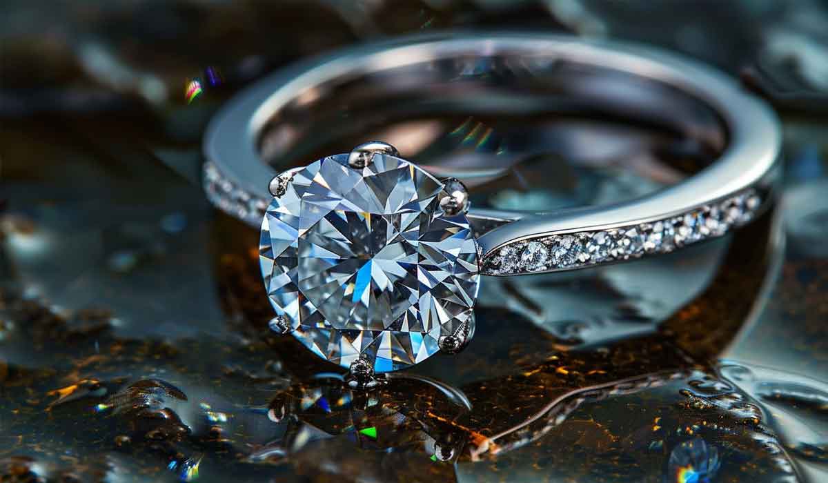 A close-up of a diamond engagement ring with a round center stone and smaller diamonds along the band, set on a reflective surface.