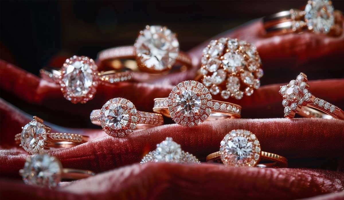A collection of diamond rings with intricate designs is displayed on red velvet fabric.