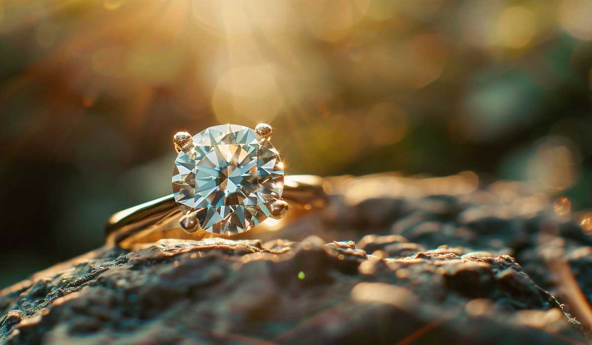A gold ring with a large round-cut diamond rests on a textured rock surface, illuminated by warm sunlight.