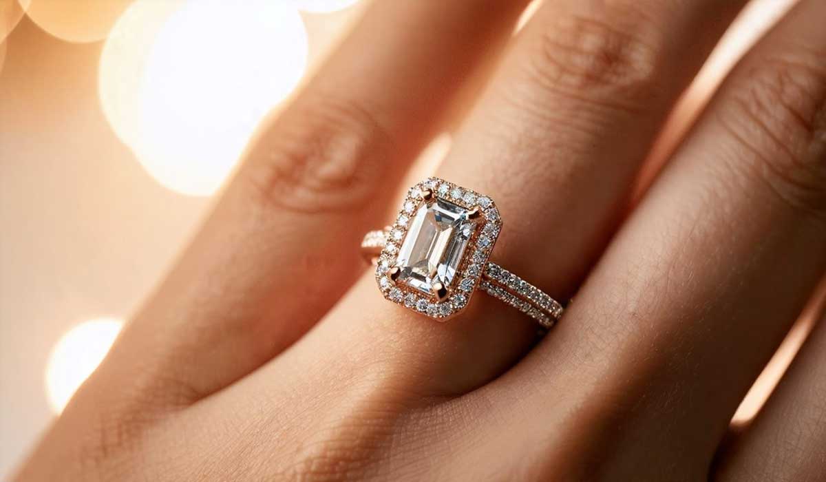 A hand wearing a large emerald-cut diamond ring with a halo of smaller diamonds, set on a double band, shown in close-up.