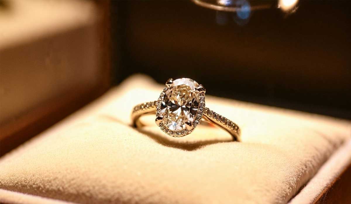 A gold ring with an oval-cut diamond centerpiece and smaller diamonds on the band, displayed on a beige velvet surface.