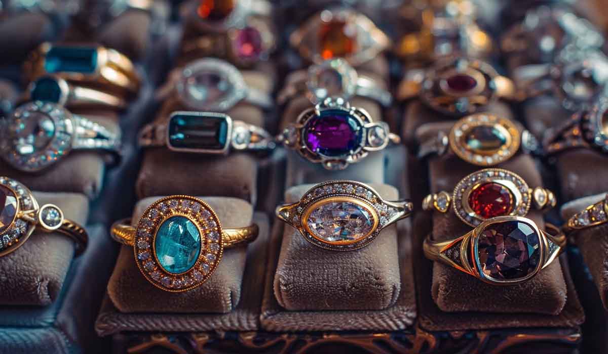 A display of assorted gemstone rings in various colors, shapes, and settings arranged in rows on a padded jewelry tray.