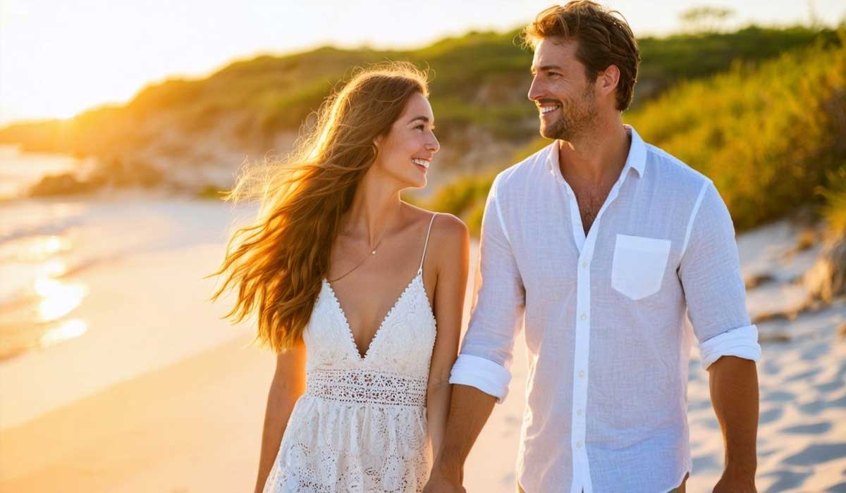 A man and woman hold hands and smile at each other while walking on a sandy beach at sunset, surrounded by greenery.