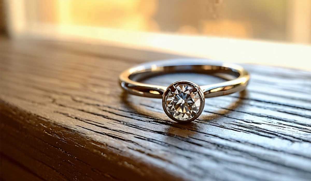 A silver ring with a single round-cut diamond set in a bezel setting rests on a wooden surface near a window.