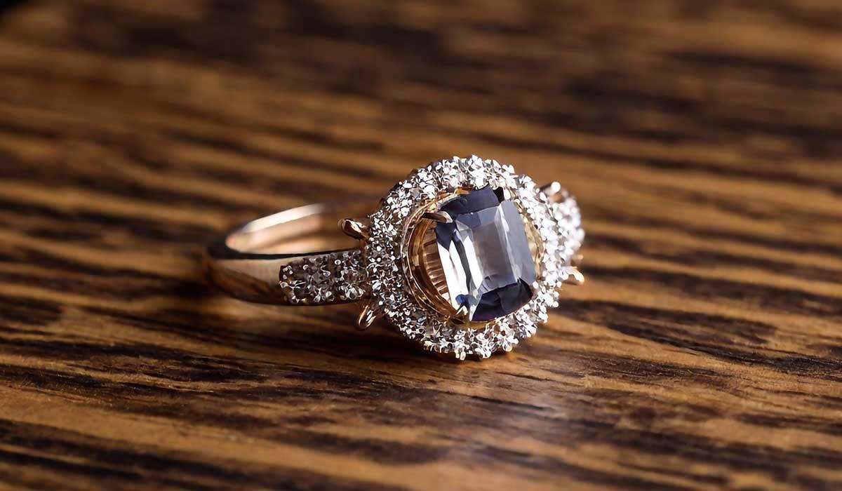 Gold ring with an oval blue gemstone set in the center, surrounded by small clear diamonds, resting on a wooden surface.