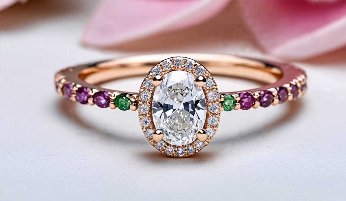 Oval-cut diamond ring with a halo of small diamonds, set on a gold band accented with alternating purple and green stones.