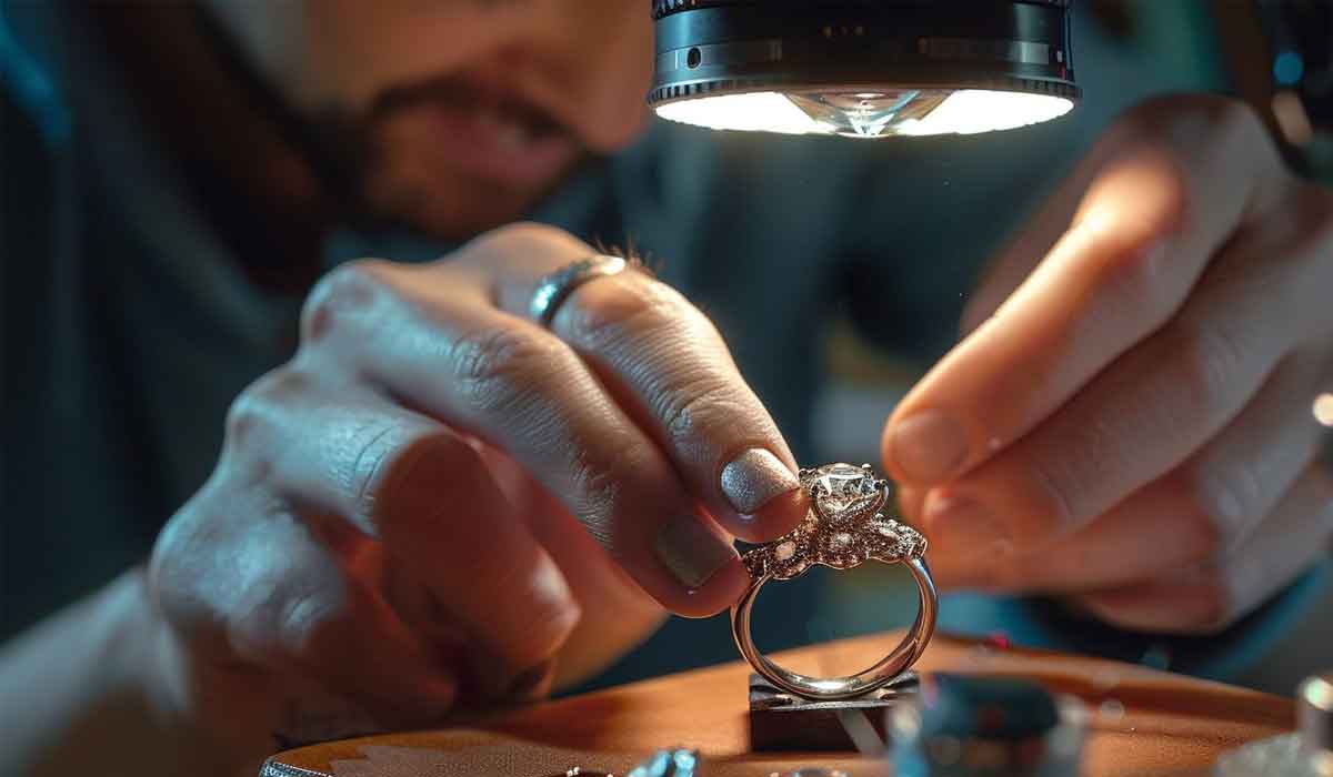 A person closely examines and adjusts a diamond ring under a bright inspection light, using their hands and precision tools.