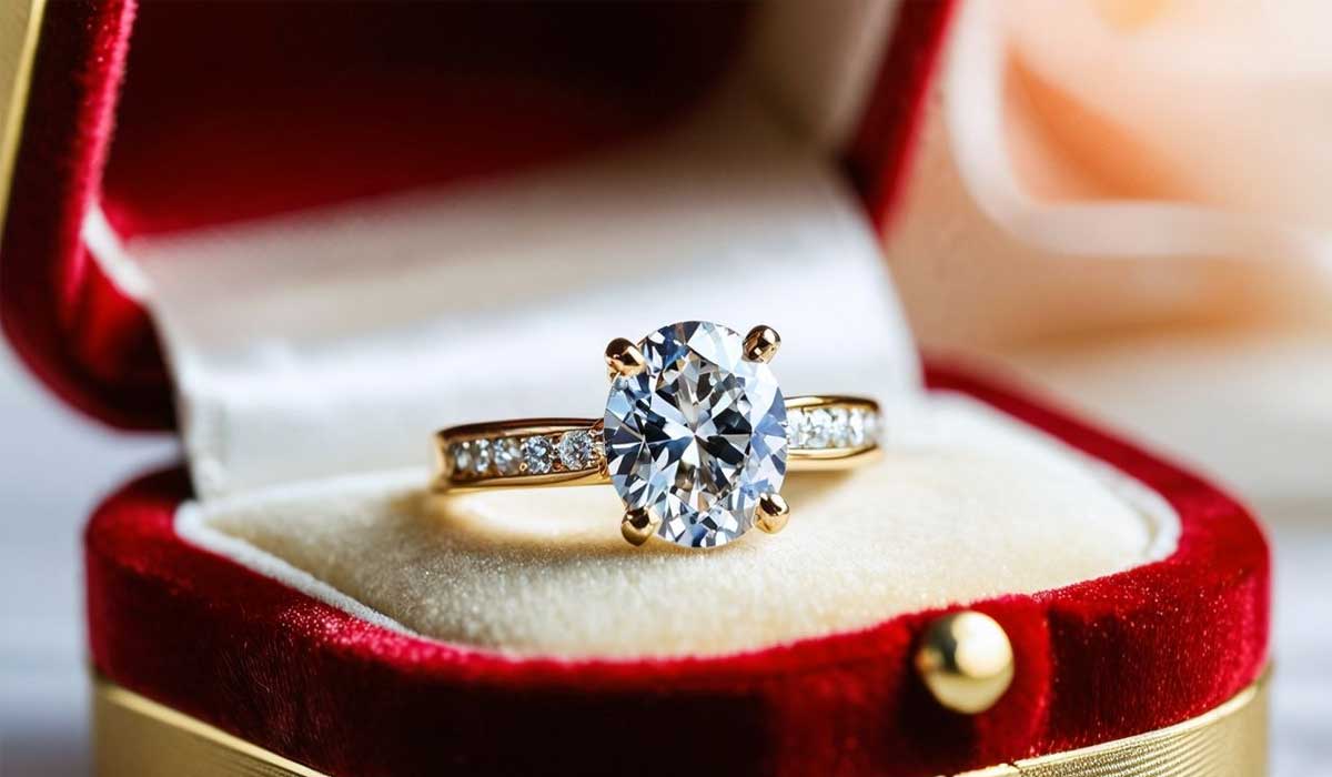 A gold ring with a large oval diamond and smaller diamonds on the band is displayed in an open red velvet ring box.