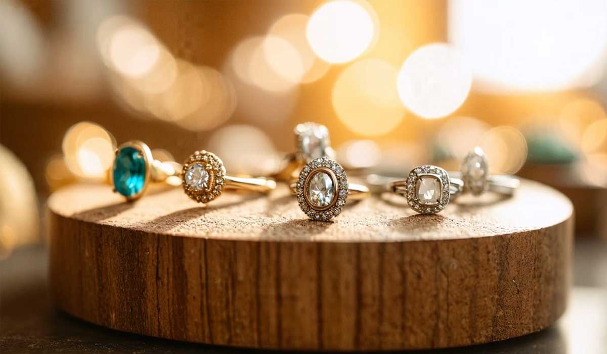 Six gemstone rings are displayed upright on a round wooden platform, with a blurred background of warm, glowing lights.