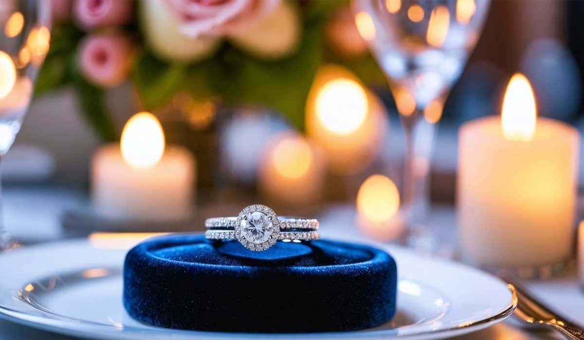 Diamond engagement ring on a navy blue velvet box, surrounded by candles, wine glasses, and blurred pink flowers in the background.