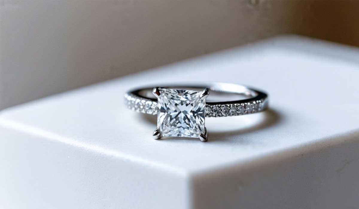 A silver ring with a large, square-cut diamond center stone and smaller diamonds along the band rests on a white surface.