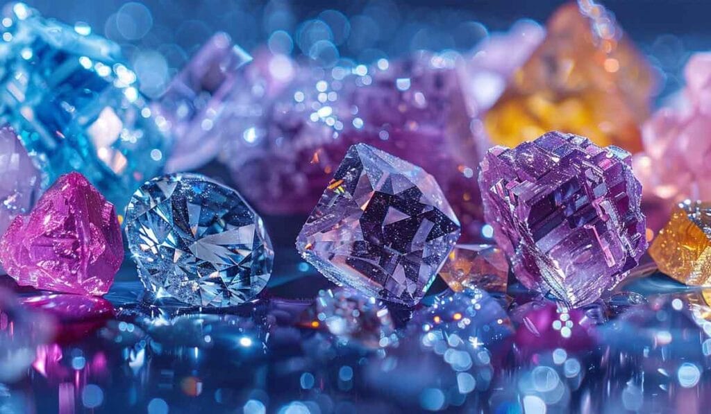 Assorted colorful gemstones and crystals with various cuts and facets, arranged on a reflective surface with a sparkling, blurred blue background.