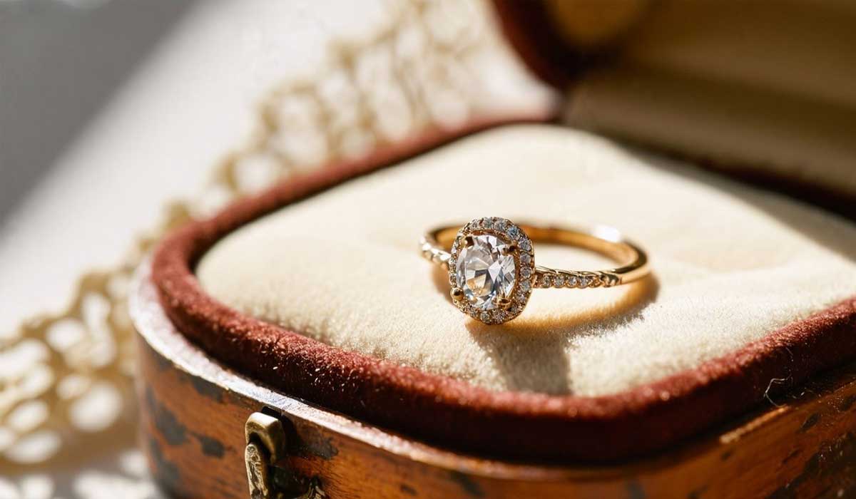 A gold engagement ring with a central diamond and smaller diamonds on the band rests in an open, vintage-style ring box lined with cream-colored fabric.