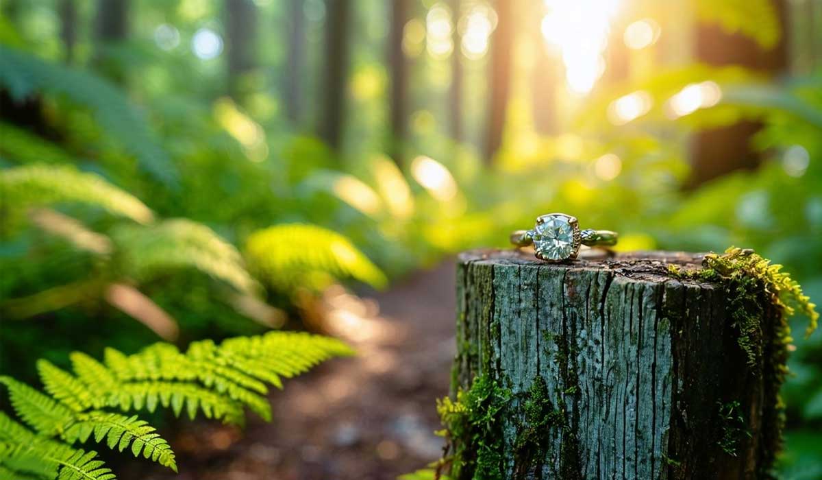 A diamond engagement ring rests on a mossy tree stump in a sunlit forest, surrounded by green ferns and tall trees.