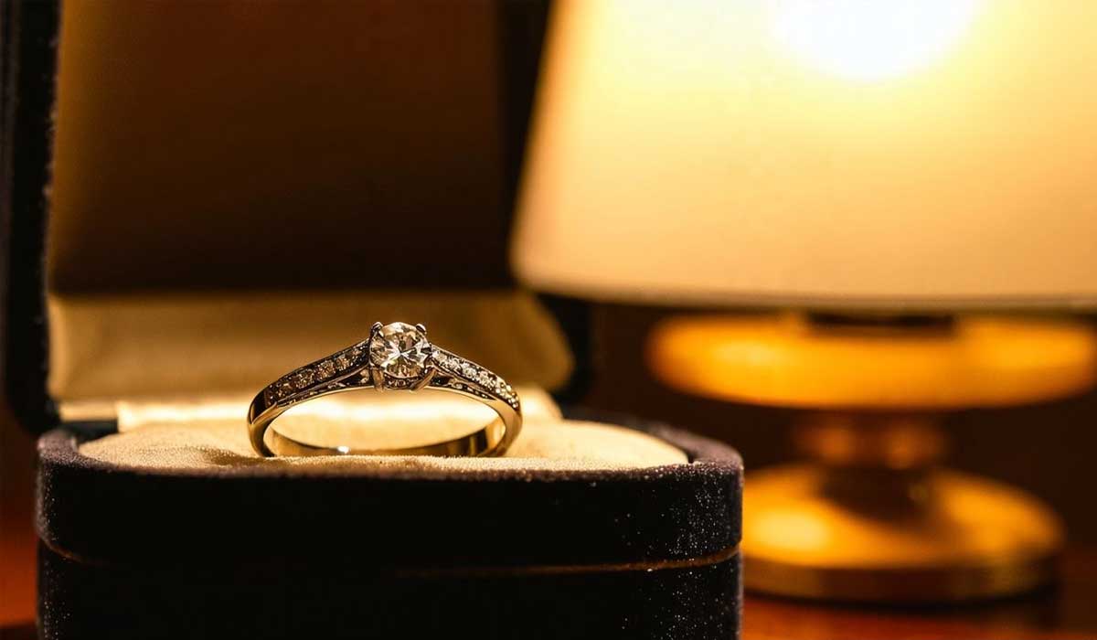A diamond engagement ring in an open black box is displayed on a surface, with a lit lamp in the background.