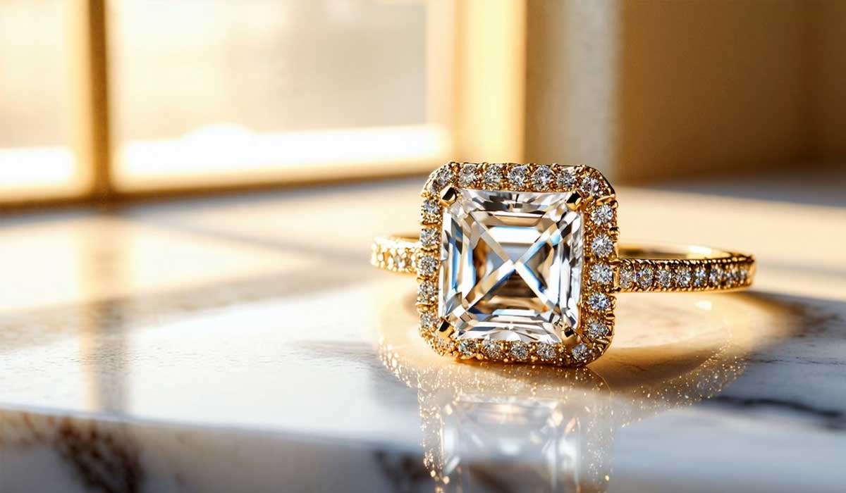 A gold engagement ring with a large square-cut diamond and smaller diamonds on the band sits on a marble surface in sunlight.