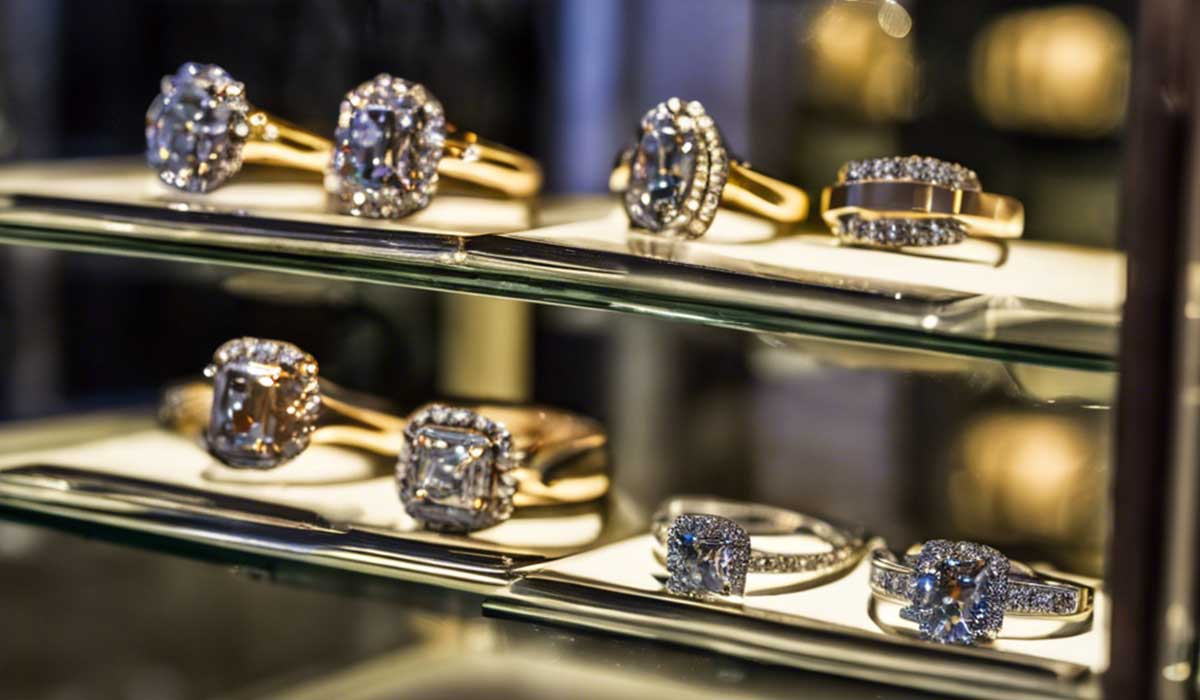 Display case with eight diamond rings, arranged on two glass shelves, each ring featuring gold or silver bands and large, prominent gemstones.