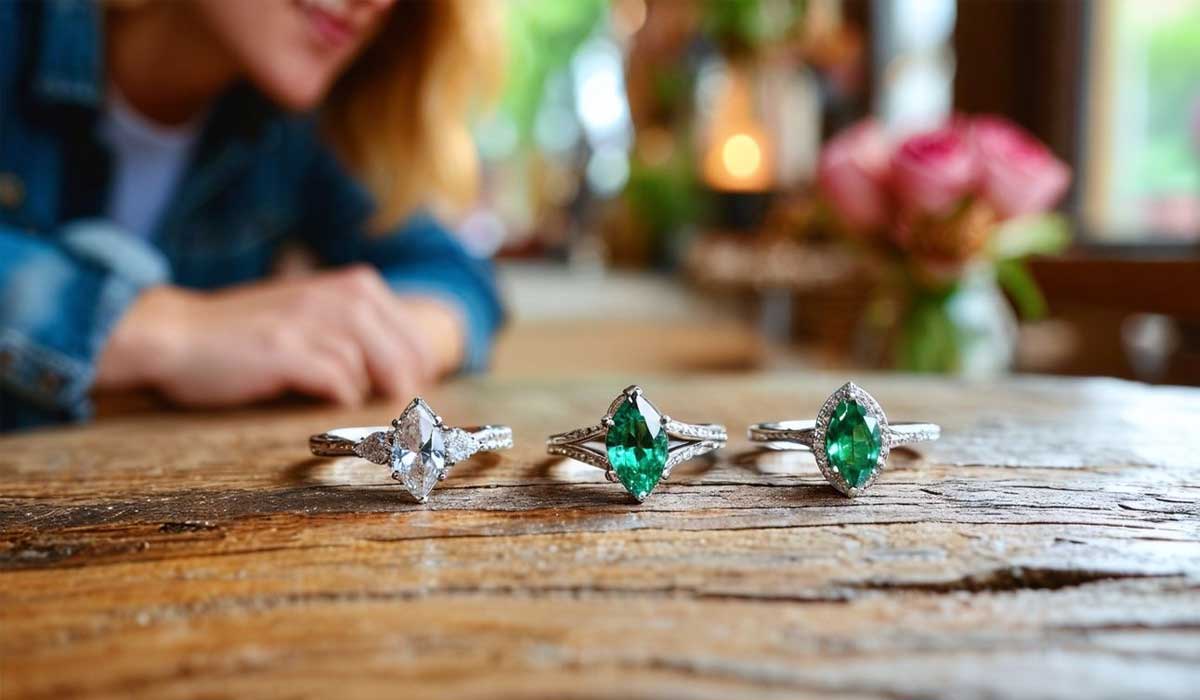Three gemstone rings, two with green stones and one with a clear stone, are displayed on a wooden surface with a person and flowers blurred in the background.
