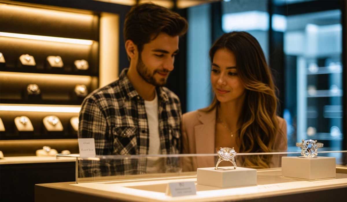 A man and woman stand together, looking at diamond rings displayed in a jewelry store.