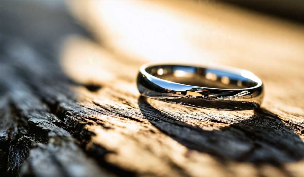 A close-up of a silver ring resting on a textured wooden surface, with sunlight reflecting off the ring.